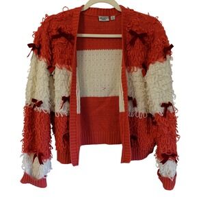 Vtg Y2K Loopy Knit Open Front Cardigan Red White Velvet Bows XL Sweater Coquette